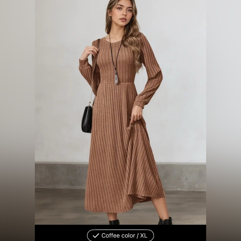 Elegant Brown Ribbed Knit Dress - Picture 2 of 7